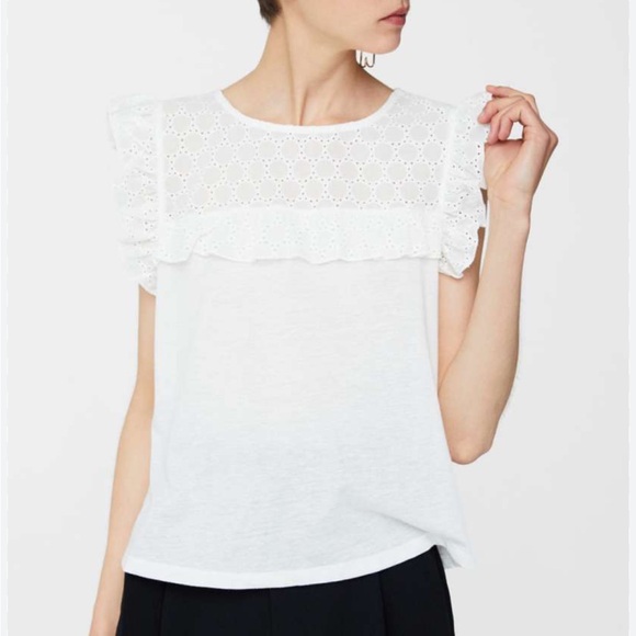 Mango Tops - Mango white Schiffli embroidered eyelet lace cap sleeve top size medium